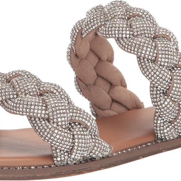 Women's Silver Multi Flat Sandals Slip On Rhinestone Braided Straps - Picture 1 of 8